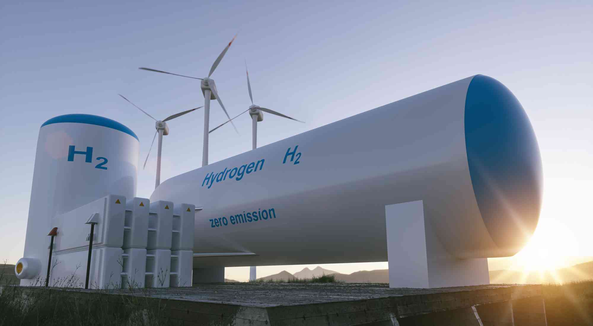 Hydrogene-s Hydrogen renewable energy production - hydrogen gas for clean electricity solar and windturbine facility. 3d rendering.